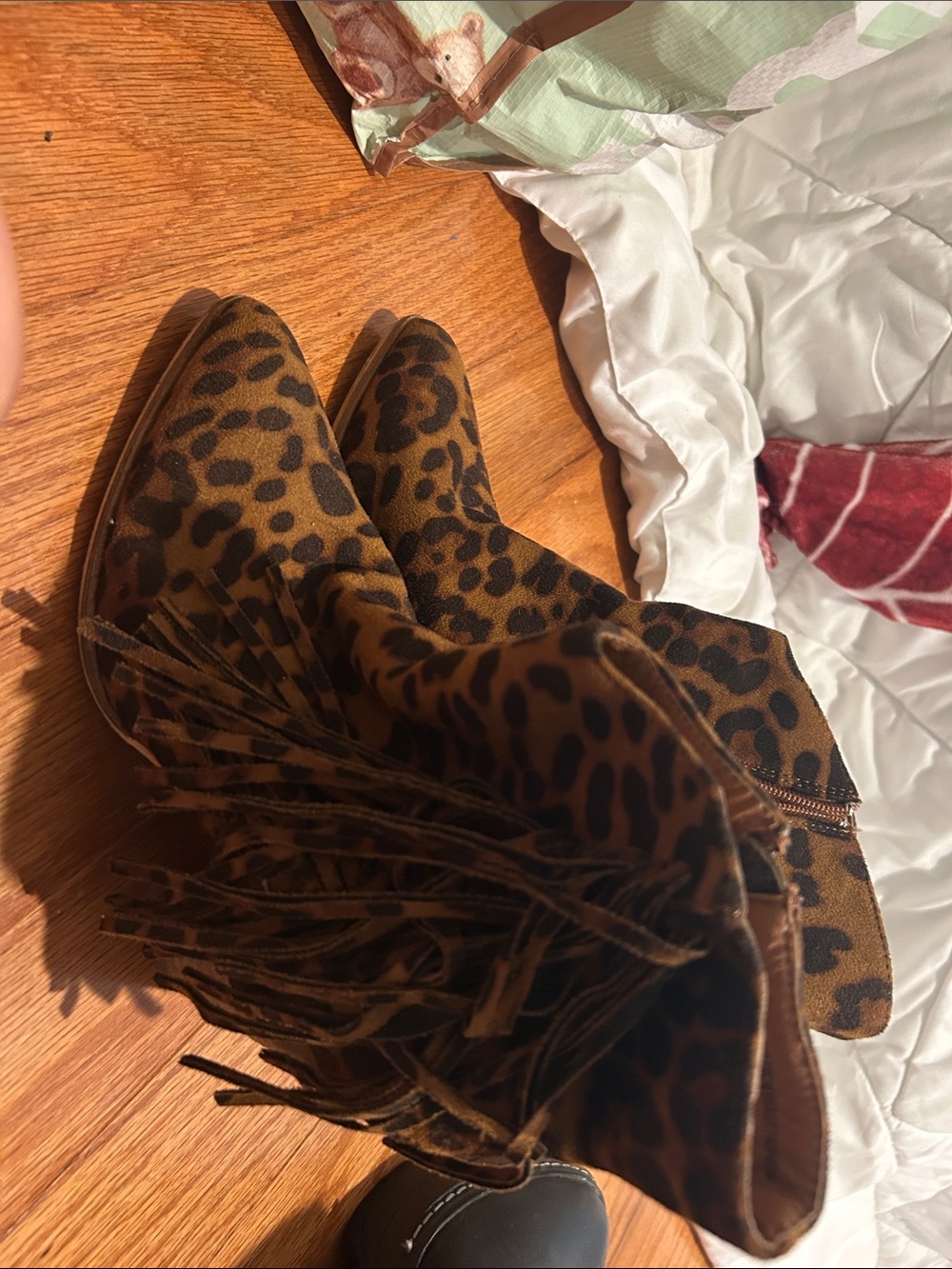 BEAST FASHION Leopard Print Fringe Heeled Boots - Brown and Black